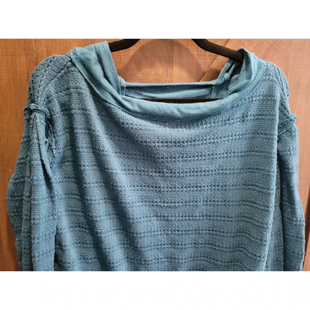 Free People Teal Blue Textured Pointelle Knit Pullover Top XS OB967835